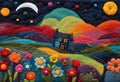 Craft a beautiful felt art style, beautiful landscape with houses, lawns, trees, flowers and the sky at night.